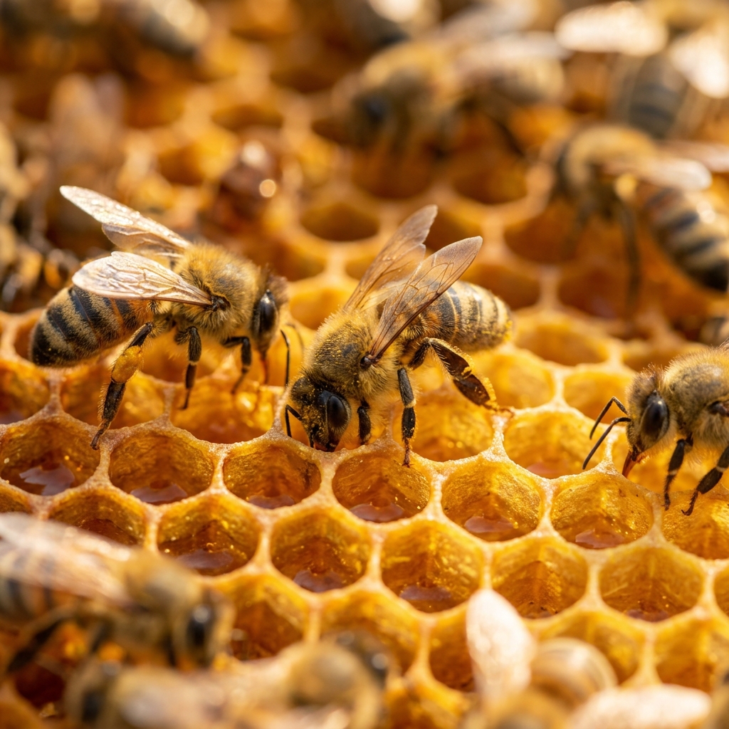 Nahaufnahme von Bienen auf einer goldenen Honigwabe